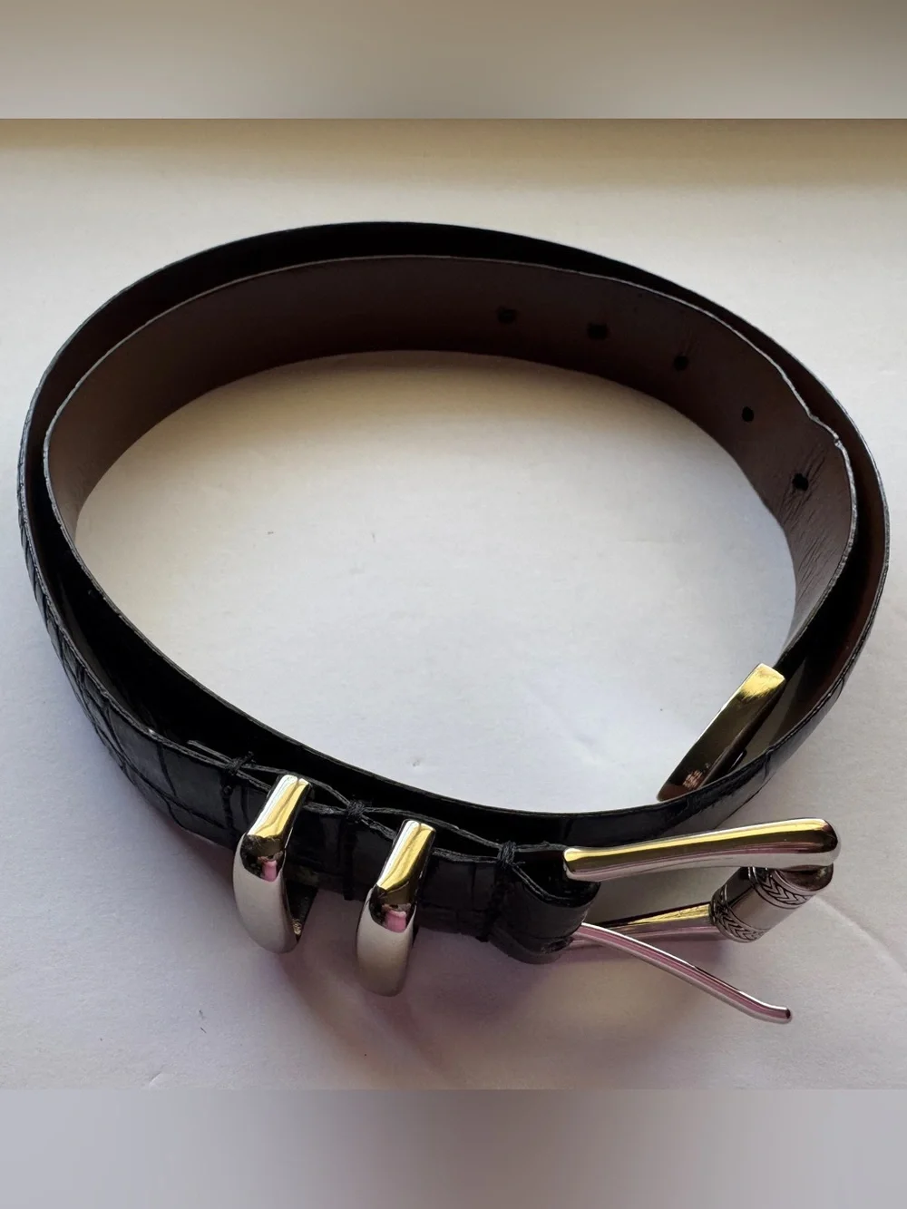 Handmade Italian Genuine Leather Croc Embossed Belt Black Gold Tone Buckle Sz 36